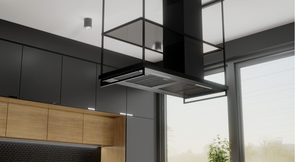 OKAP AKPO WK-9 LUNGO 150 CM.CZARNY T800 M3 lifestyle kuchnia montaż sufitowy zabudowa kuchenna w tle szafki meble wydajność estetyka matowa czarna powierzchnia minimalistyczny wygląd Dwa tryby pracy Wysoka wydajność Energooszczędne oświetlenie LED Intuicyjne sterowanie