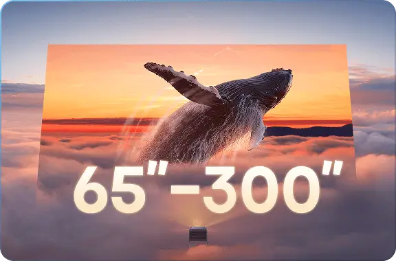 Projektor z wyświetlonym wielorybem z napisem 65'-300'.