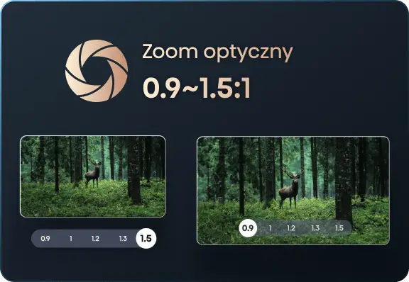 Ikona przysłony z napisem „Zoom optyczny 0.9~1.5:1” oraz dwa ujęcia jelenia w lesie z suwakami wartości zoomu.