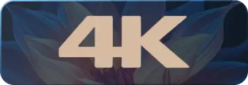 Beżowy logotyp „4K” umieszczony na ciemnym tle przedstawiającym rozmyte płatki kwiatu.