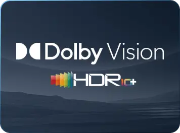 Biały logotyp Dolby Vision oraz kolorowe logo HDR10+ z motywem barwnych warstw na ciemnym tle krajobrazu.