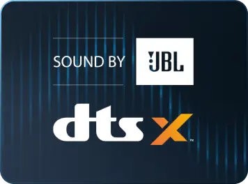 Logotypy dts X (Digital Theater Systems) oraz SOUND BY JBL w białym kwadracie, umieszczone na tle pionowych linii korektora dźwięku.