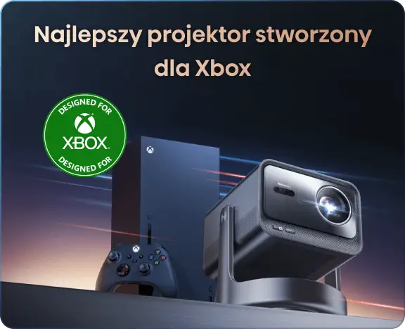 Projektor i konsola Xbox z kontrolerem pod zielonym logo „DESIGNED FOR XBOX” oraz napisem „Najlepszy projektor stworzony dla Xbox”.
