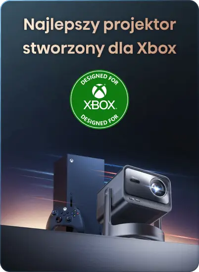 Projektor i konsola Xbox z kontrolerem pod zielonym logo „DESIGNED FOR XBOX” oraz napisem „Najlepszy projektor stworzony dla Xbox”.