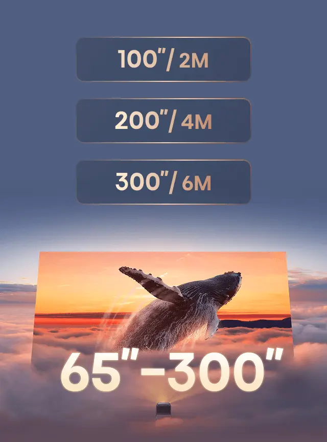 Projektor z wyświetlonym wielorybem z napisem 65'-300'. U góry widoczne oznaczenia: 100'/2M, 200'/4M oraz 300'/6M.