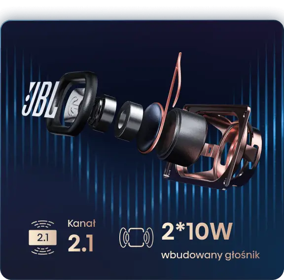 Schemat budowy głośnika z logotypem JBL i złotą nutą oraz napisami „Kanał 2.1” i „2*10W wbudowany głośnik”.