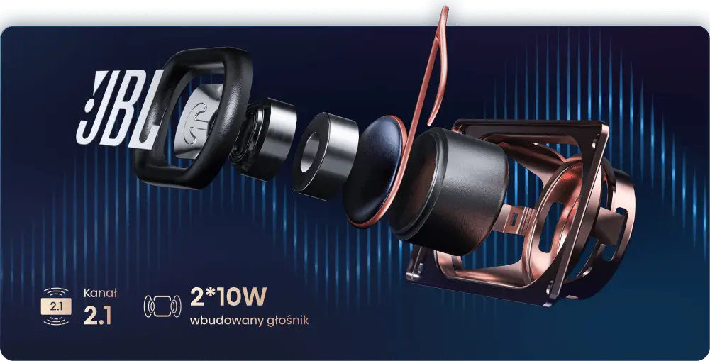 Schemat budowy głośnika z logotypem JBL i złotą nutą oraz napisami „Kanał 2.1” i „2*10W wbudowany głośnik”.