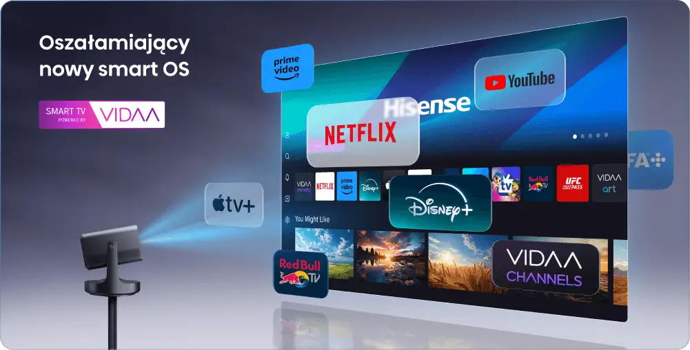 Projektor na stojaku wyświetla interfejs VIDAA z kafelkami aplikacji Netflix, Disney+, YouTube, Prime Video i Apple TV+.