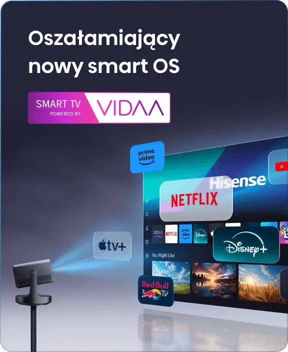 Projektor na stojaku wyświetla interfejs VIDAA z kafelkami aplikacji Netflix, Disney+, YouTube, Prime Video i Apple TV+.