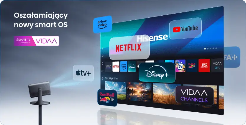 Projektor na stojaku wyświetla interfejs VIDAA z kafelkami aplikacji Netflix, Disney+, YouTube, Prime Video i Apple TV+.