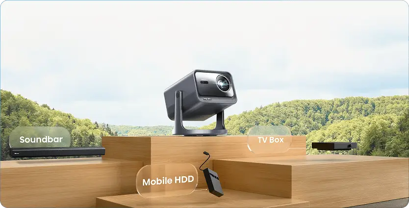 Projektor na drewnianym podeście otoczony przez soundbar, TV Box, konsolę Xbox oraz dysk Mobile HDD wraz z ich podpisami.