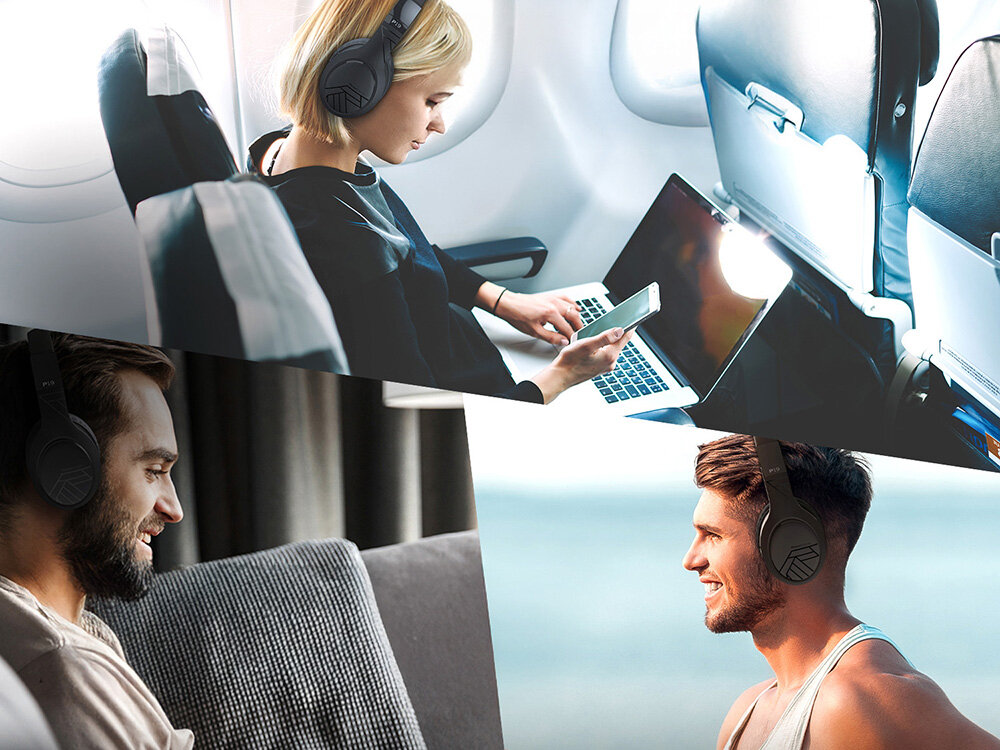 POWERLOCUS Universe słuchawki Bluetooth 5.3 ANC pasywna redukcja hałasu 60h czarne, różne kadry osób z założonymi słuchawkami nausznymi
