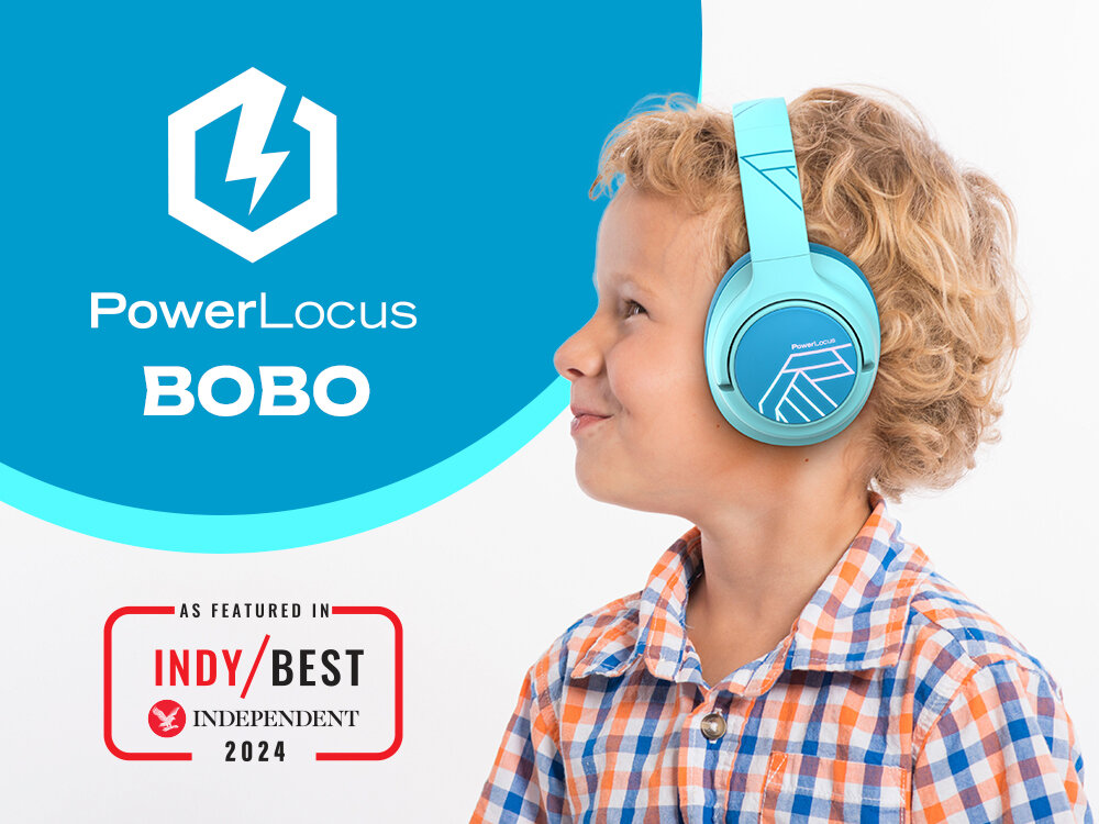 POWERLOCUS Bobo słuchawki dla dzieci Bluetooth LED 74 85 94 dB bezpieczne bez BPA, dziecko z założonymi słuchwkami nausznymi