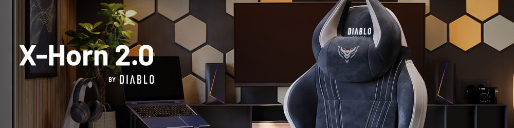 Fotel DIABLO X-HORN 2.0 Normal Size Camel Czarny prezentacja fotela na tle pokoju od przodu z napisem modelu i marki