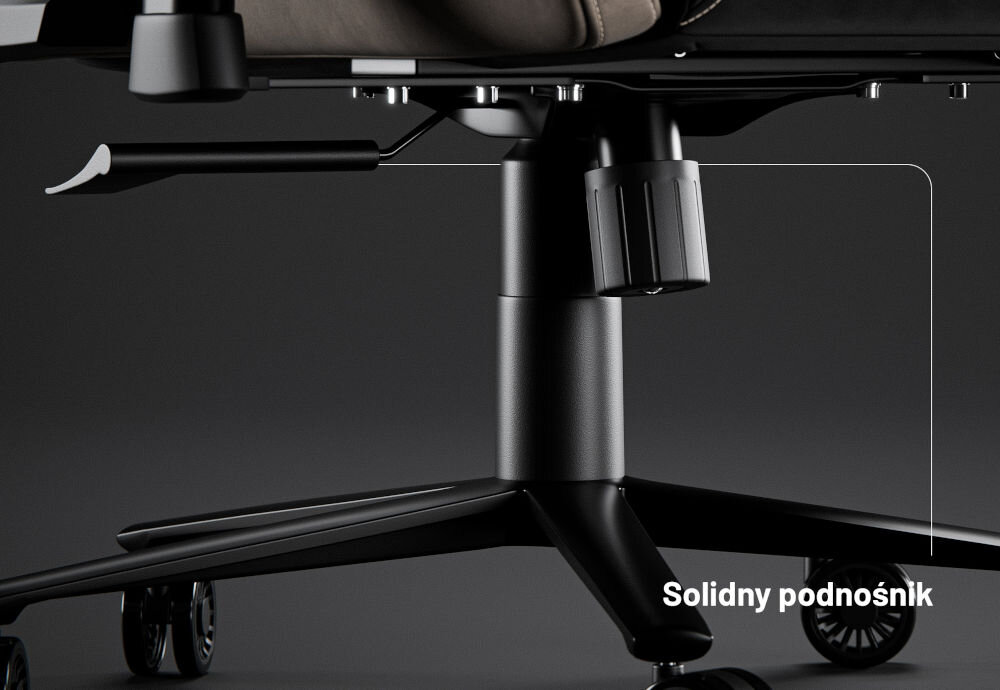 Fotel DIABLO X-HORN 2.0 Normal Size Camel Czarny zblżenie na siłownik i kółka na ciemnym tle z napisem siłownik klasa 4 Air Damper udźwig 140 kg trwałość