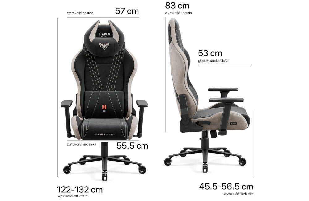 Fotel DIABLO X-HORN 2.0 Normal Size Camel Czarny prezentacja fotela od przodu i od boku na białym tle z wymiarami wygodna pozycja wsparcie pleców regulacja dopasowanie do różnych sylwetek
