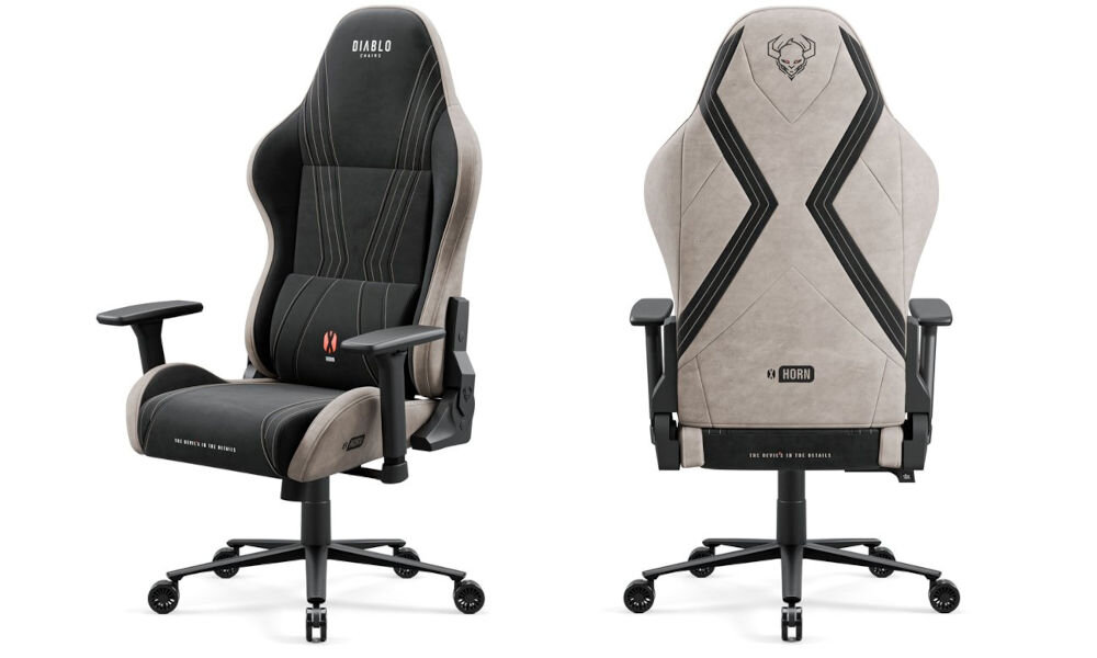 Fotel DIABLO X-HORN 2.0 Normal Size Camel Czarny prezentacja fotela od przodu pod kątem i od tyłu na białym tle wygoda regulacje mechanizmy komfort