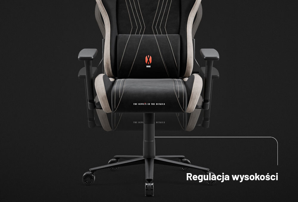 Fotel DIABLO X-HORN 2.0 Normal Size Camel Czarny prezentacja możliwej regulacji wysokości na ciemnym tle z napisem regulacja wysokości siedziska komfort