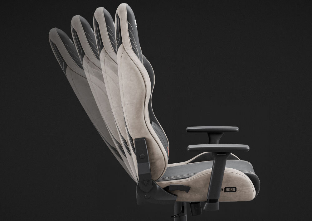 Fotel DIABLO X-HORN 2.0 Normal Size Camel Czarny prezentacja możliwego wychylenia oparcia na ciemnym tle mechanizm Tilttech Gear regulacja oparcia