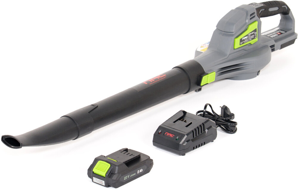 Dmuchawa do liści akumulatorowa NAC 20V BB20-B20-S Aku 2.0Ah zestaw na białym tle w zestawie dmuchawa akumulator ładowarka dokumentacja