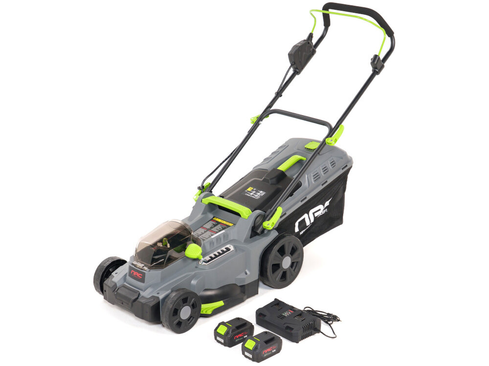 Kosiarka akumulatorowa NAC LB40-37-2B40-S zestaw na białym tle w zestawie kosiarka dwa akumulatory ładowarka kosz elementy montażowa zaślepka mulczująca dokumentacja