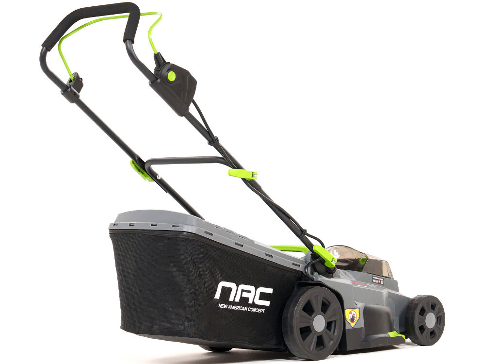 Kosiarka akumulatorowa NAC LB40-37-2B40-S kosiarka na białym tle widoczna od tyłu pod skosem silnik bezszczotkowy (indukcyjny) dłuższa żywotność i maksymalna efektywność energetyczna pracuje ciszej z mniejszymi stratami energii wyższą kulturą pracy prędkość obrotowa do 2900 obr/min cicha i energooszczędna praca silnika