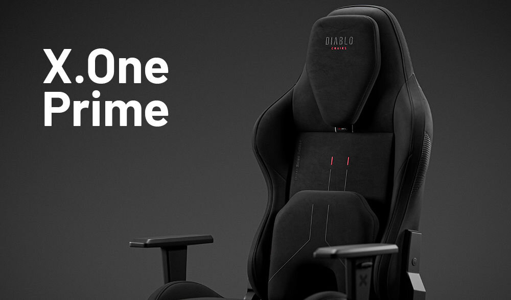 Fotel DIABLO CHAIRS X-One 2.0 Prime Czarny prezentacja fotela na szarym tle z dopisem modelu podnosi komfort technologie premium wygoda funkcjonalność