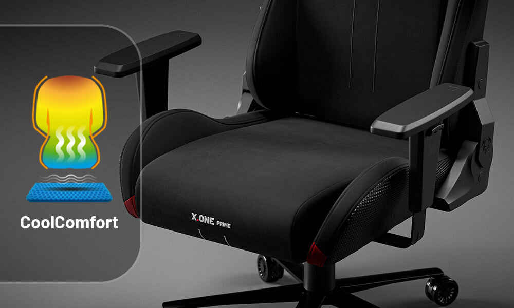 Fotel DIABLO CHAIRS X-One 2.0 Prime Czarny prezentacja fotela od przodu na szarym tle zbliżenie na dolną część fotela warstwa chłodząca CoolComfort™ wspomaga cyrkulację powietrza zapobiega przegrzewaniu