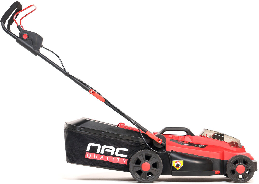 Kosiarka akumulatorowa NAC MEX33-B40-20V kosiarka na białym tle widoczna z boku wygoda pracy bez kabla wysoka wydajność koszenia zasilana akumulatorami serii NAC 20 V niezależność od źródeł prądu łatwe utrzymanie porządku lekka i ergonomiczna konstrukcja cicha praca