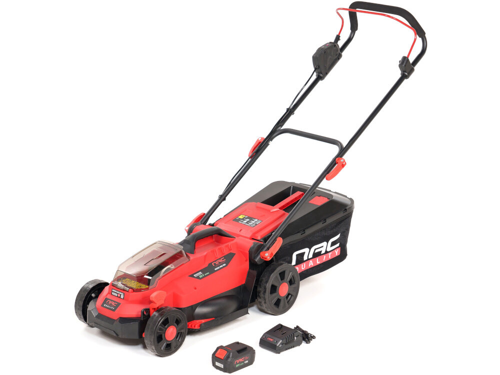 Kosiarka akumulatorowa NAC MEX33-B40-20V zestaw na białym tle w zestawie kosiarka akumulator ładowarka kosz zaślepka mulczująca dokumentacja
