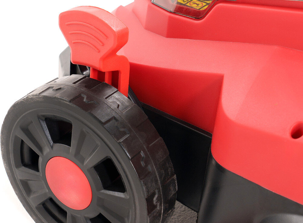 Kosiarka akumulatorowa NAC MEX33-B40-20V zbliżenie na dźwignię do zmiany wysokości koszenia 5-stopniowa centralna regulacja wysokości koszenia w zakresie 25–75 mm system centralny umożliwia jednoczesne ustawienie wszystkich kół równomierne cięcie na całej powierzchni trawnika