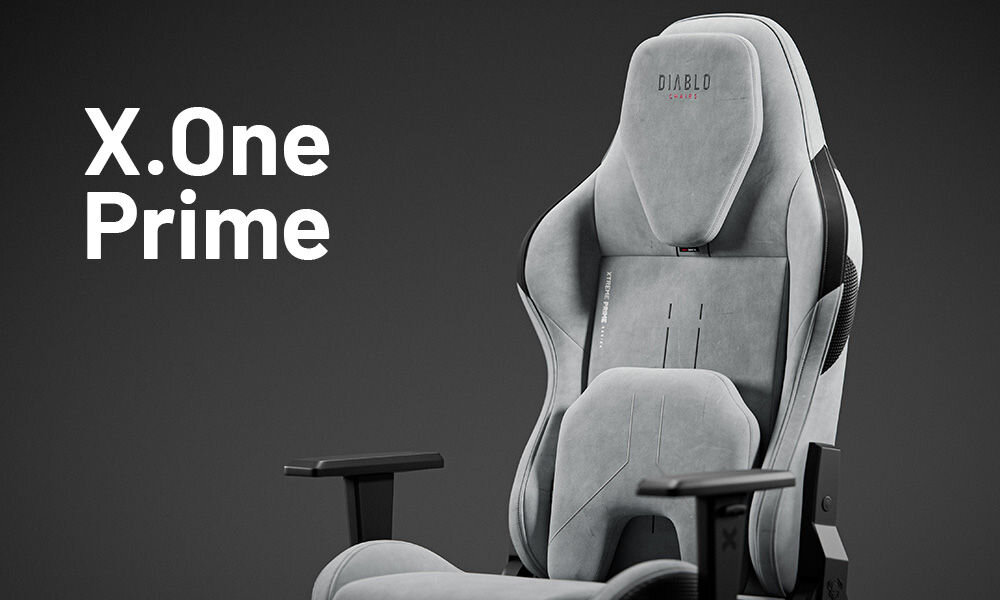 Fotel DIABLO CHAIRS X-One 2.0 Prime Szary prezentacja fotela na szarym tle z dopisem modelu podnosi komfort technologie premium wygoda funkcjonalność