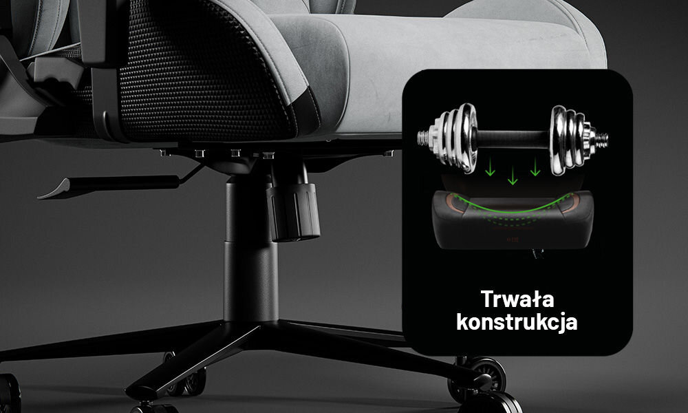Fotel DIABLO CHAIRS X-One 2.0 Prime Szary zblżenie na siłownik i kółka na szarym tle metalowa podstawa siłownik czwartej klasy wytrzymałość technologia Air Damper™ tłumienie drgań miękki ruch komfort