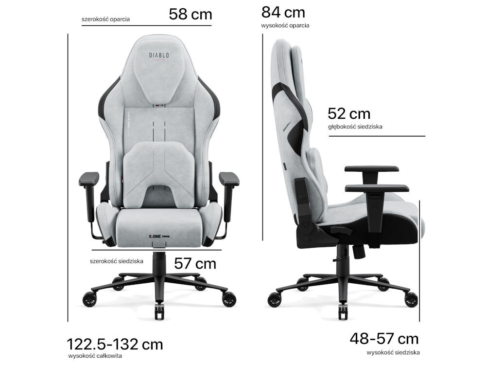 Fotel DIABLO CHAIRS X-One 2.0 Prime Szary prezentacja fotela od przodu i od boku na białym tle wymiary oparcie 58 cm szerokości 84 cm wysokości wspiera plecy siedzisko 57 cm szerokości 52 cm głębokości regulacja wysokości siedziska 48-57 cm całkowita wysokość fotela 122,5-132 cm dopasowanie do różnych sylwetek