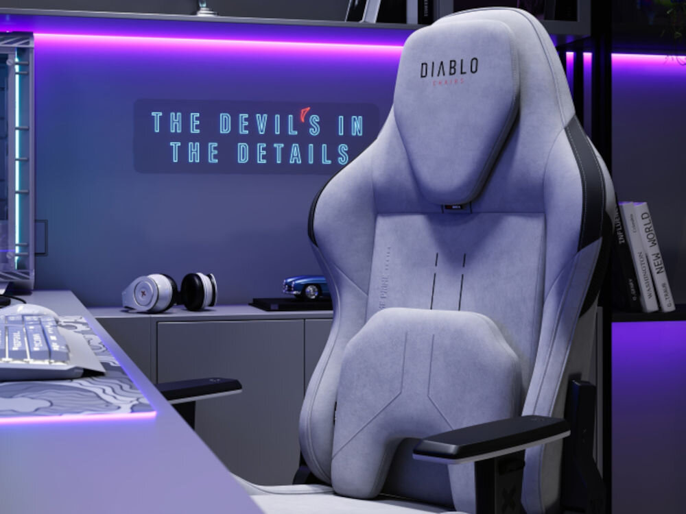 Fotel DIABLO CHAIRS X-One 2.0 Prime Szary prezentacja fotela na tle pokoju ergonomia estetyka dynamiczna konstrukcja detale