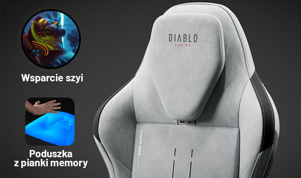 Fotel DIABLO CHAIRS X-One 2.0 Prime Szary prezentacja magnetycznego zagłówka tekst wsparcie szyi poduszka z pianki memory komfort szyi głowy