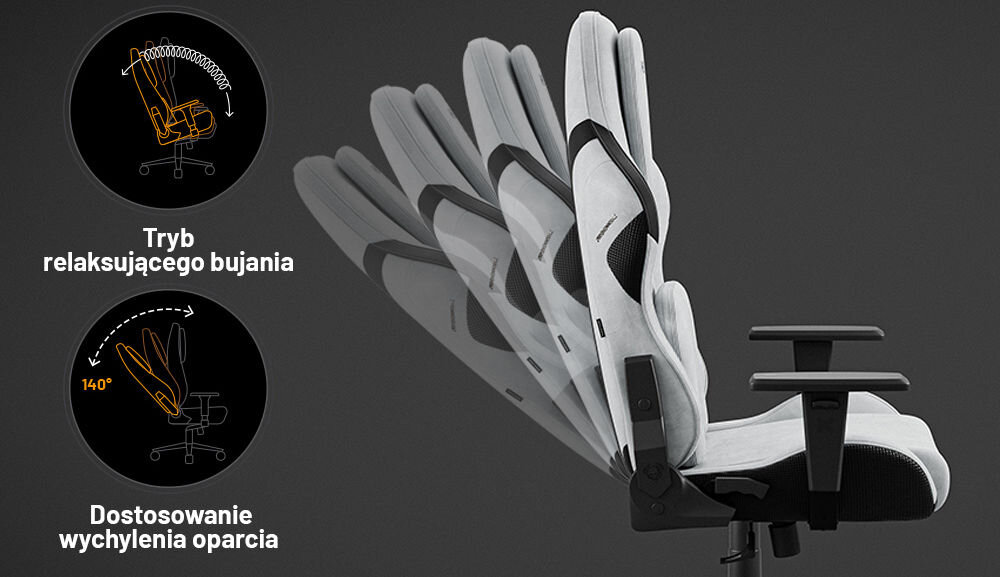 Fotel DIABLO CHAIRS X-One 2.0 Prime Szary prezentacja możliwej regulacji fotela na szarym tle Tilttech™ Lift dopasowanie wysokości siedziska mechanizm bujania Tilttech™ Gear pochylenie od 90 stopni do 140 stopni komfort