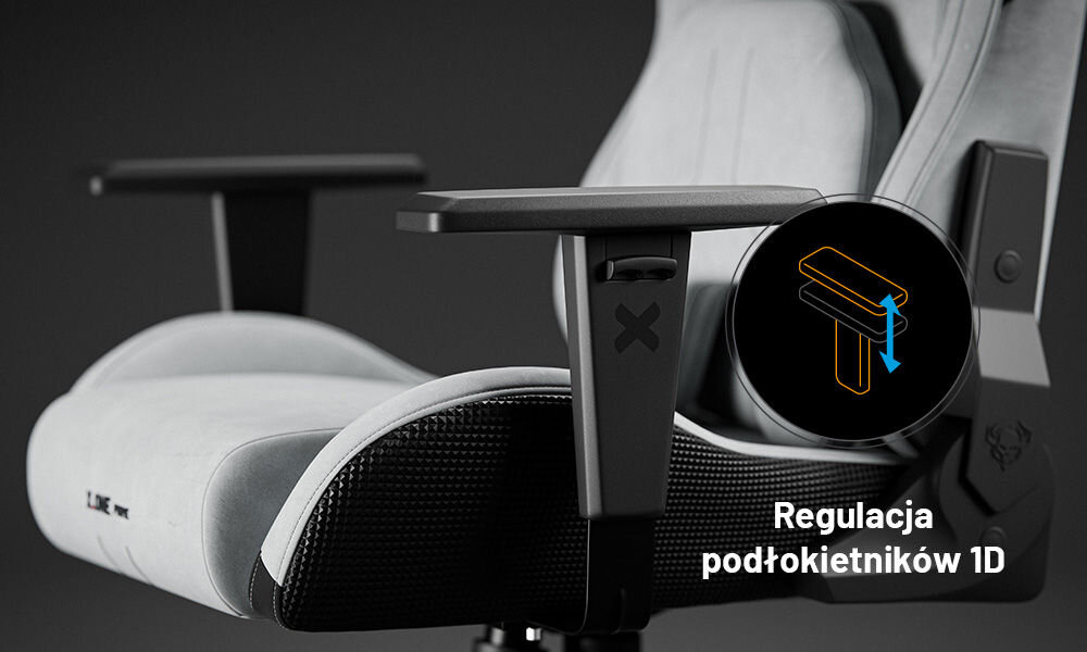 Fotel DIABLO CHAIRS X-One 2.0 Prime Szary prezentacja podłokietników i ich możliwej regulacji Armtech™ Vertical SoftTouch regulacja wysokości miękkie wykończenie odciążenie łokci
