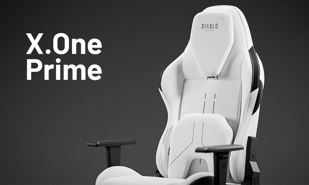 Fotel DIABLO CHAIRS X-One 2.0 Prime Biało-czarny prezentacja fotela na szarym tle z dopisem modelu podnosi komfort technologie premium wygoda funkcjonalność 