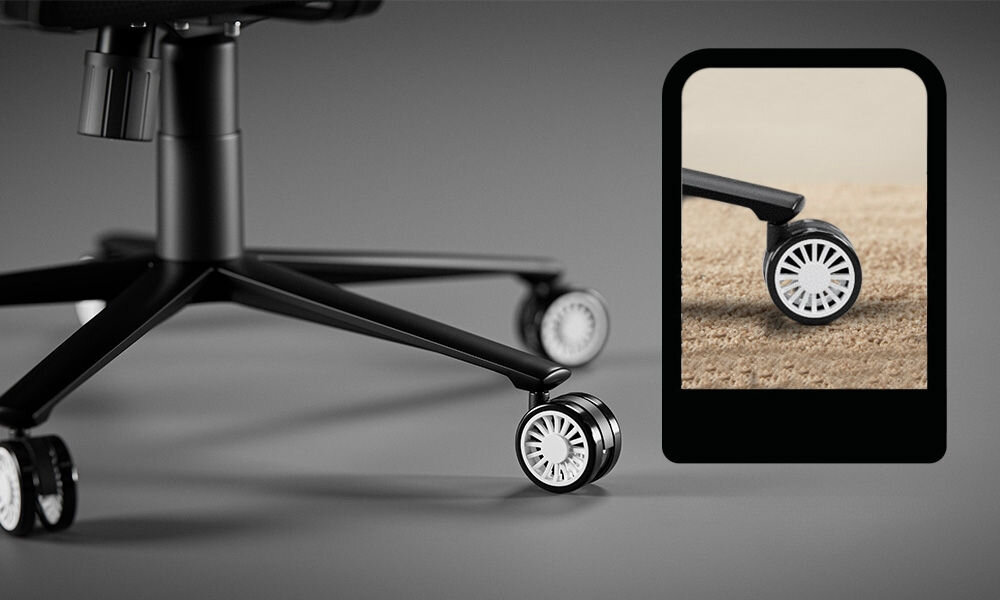 Fotel DIABLO CHAIRS X-One 2.0 Prime Biało-czarny zblżenie na siłownik i kółka na szarym tle metalowa konstrukcja udźwig do 140 kg kółka PFC™ 360 ciche zwrotne nie zostawiają śladów na podłodze kauczukowa powłoka