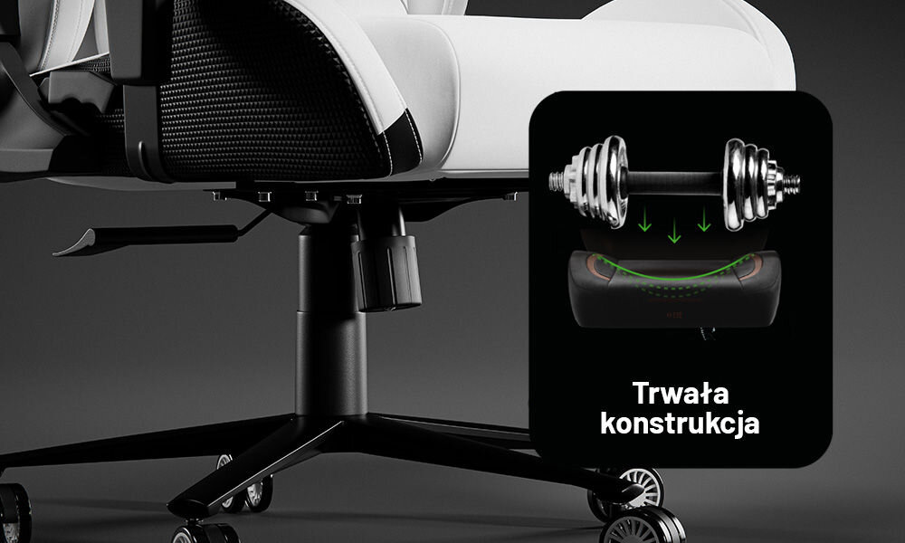 Fotel DIABLO CHAIRS X-One 2.0 Prime Biało-czarny zblżenie na siłownik i kółka na szarym tle metalowa podstawa siłownik czwartej klasy wytrzymałość technologia Air Damper™ tłumienie drgań miękki ruch komfort