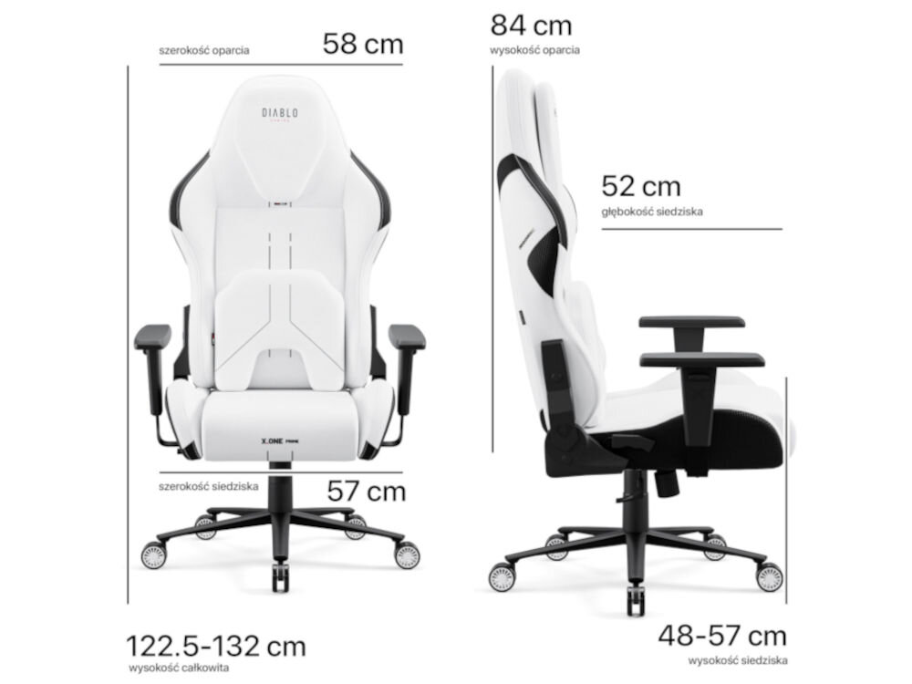 Fotel DIABLO CHAIRS X-One 2.0 Prime Biało-czarny prezentacja fotela od przodu i od boku na białym tle wymiary oparcie 58 cm szerokości 84 cm wysokości wspiera plecy siedzisko 57 cm szerokości 52 cm głębokości regulacja wysokości siedziska 48-57 cm całkowita wysokość fotela 122,5-132 cm dopasowanie do różnych sylwetek