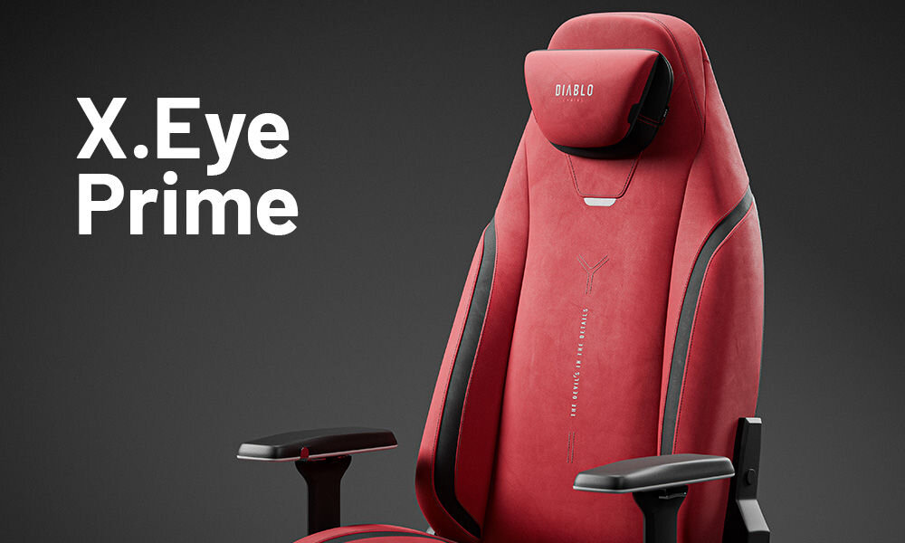 Fotel DIABLO CHAIRS X-Eye 2.0 Czerwony prezentacja fotela na szarym tle z dopisem modelu podnosi komfort technologie premium wygoda funkcjonalność Xtreme Prime
