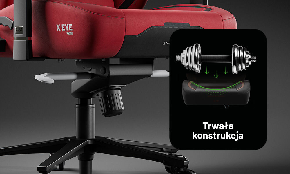 Fotel DIABLO CHAIRS X-Eye 2.0 Czerwony zbliżenie na dolną część fotela dopisek trwała konstrukcja szare tło dopracowana konstrukcja