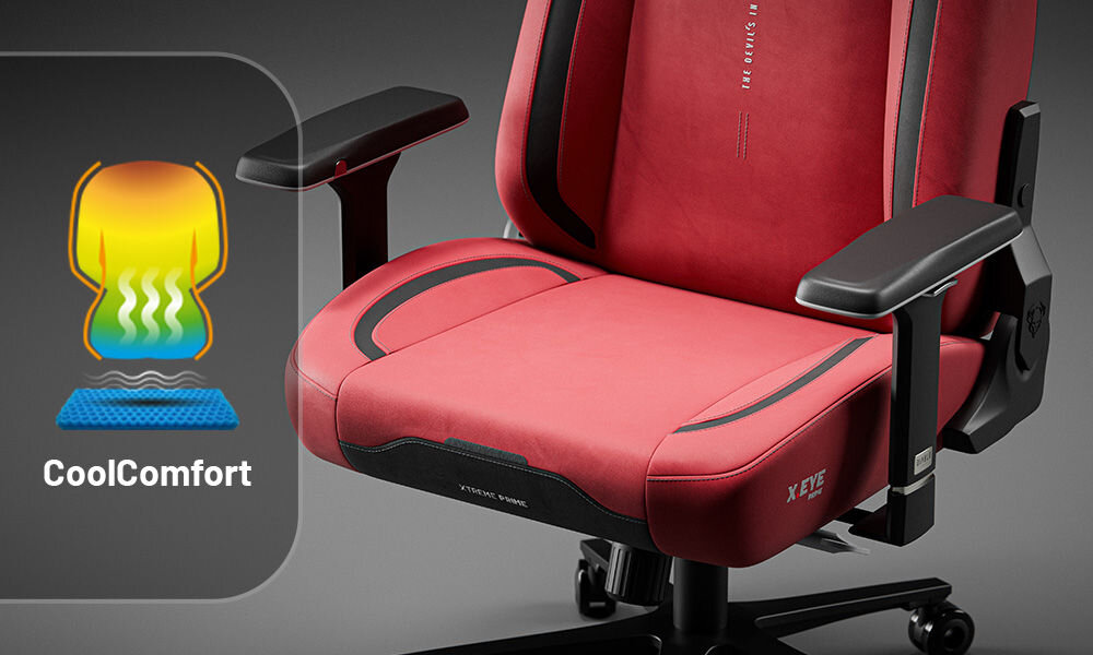 Fotel DIABLO CHAIRS X-Eye 2.0 Czerwony prezentacja fotela od przodu na szarym tle zbliżenie na dolną część fotela warstwa chłodząca CoolComfort™ wspomaga cyrkulację powietrza zapobiega przegrzewaniu