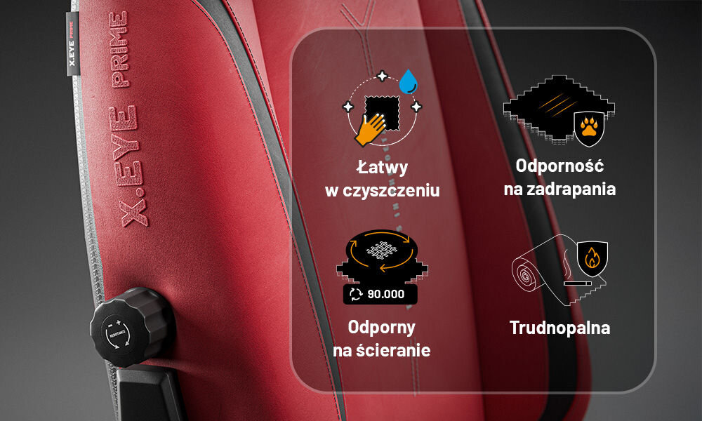 Fotel DIABLO CHAIRS X-Eye 2.0 Czerwony prezentacja zalet tkaniny na tle fotela materiał GentlePro™ wysoka odporność na ścieranie 90000 cykli w teście Martindale’a przyjemny w dotyku oddychający