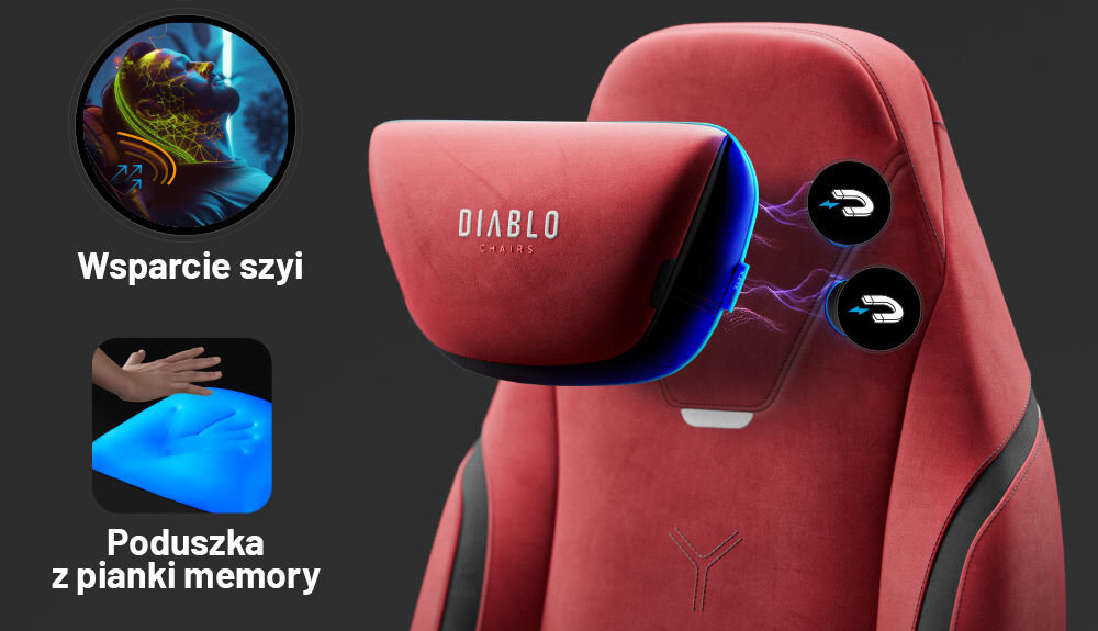 Fotel DIABLO CHAIRS X-Eye 2.0 Czerwony prezentacja magnetycznego zagłówka tekst wsparcie szyi poduszka z pianki memory komfort szyi głowy