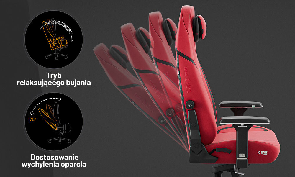 Fotel DIABLO CHAIRS X-Eye 2.0 Czerwony prezentacja możliwej regulacji fotela na szarym tle Tilttech™ Lift dopasowanie wysokości siedziska Tilttech™ Gear regulacja oparcia z możliwością zatrzymania w dowolnym punkcie do kąta 170 stopni funkcja bujania Tilttech™ Swing blokada oparta na systemie Tilttech™ Frog komfortowe użytkowanie