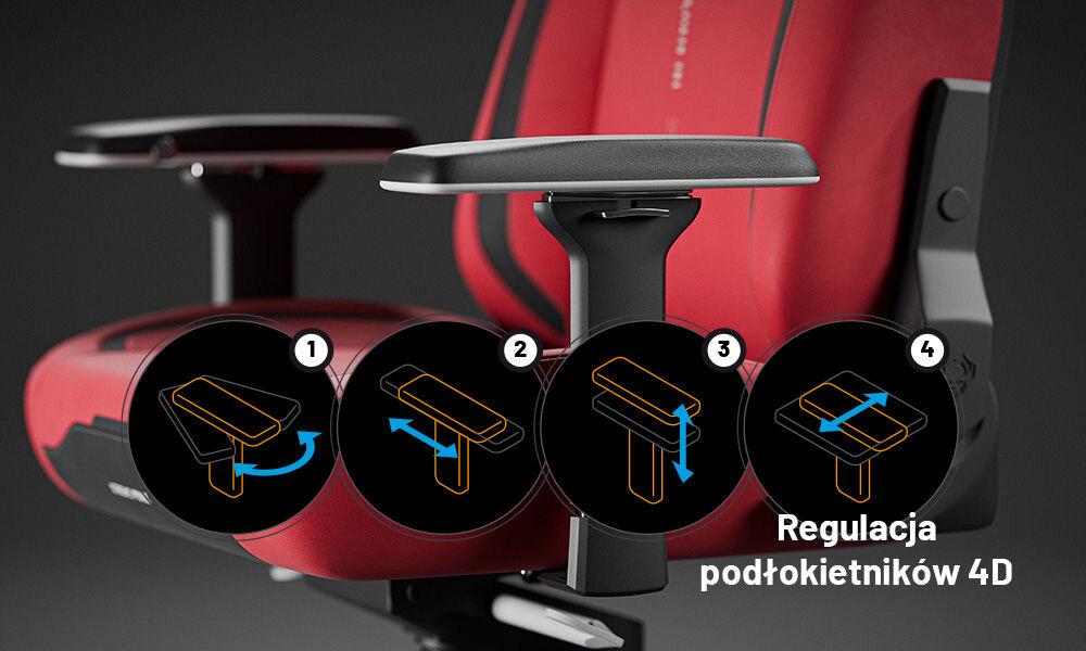 Fotel DIABLO CHAIRS X-Eye 2.0 Czerwony prezentacja podłokietników i jego możliwej regulacji Armtech™ Quatro Premium regulacja w czterech kierunkach odciążenie ramion i nadgarstków miękkie tworzywo SoftTouch solidna metalowa podstawa