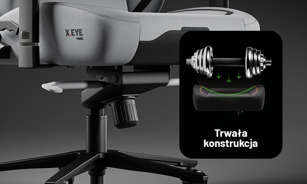 Fotel DIABLO CHAIRS X-Eye 2.0 Szary zbliżenie na dolną część fotela dopisek trwała konstrukcja szare tło dopracowana konstrukcja